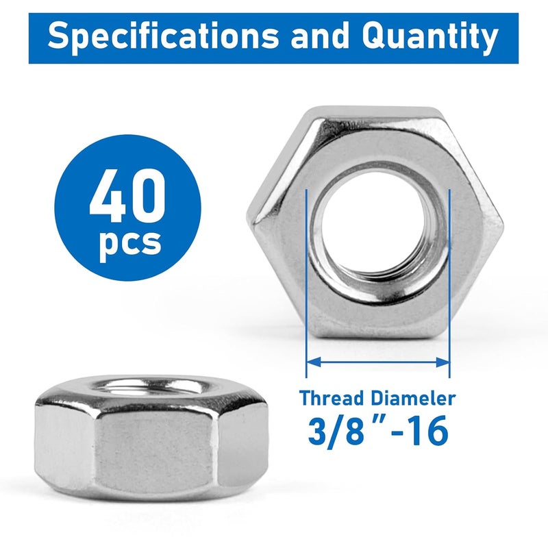 Vmuter Hex Nuts, 40 Pack 3/8"-16 304 (A2-70) Stainless Steel Hardware Nuts,Standard Inch Coarse Thread Nuts - Image 2